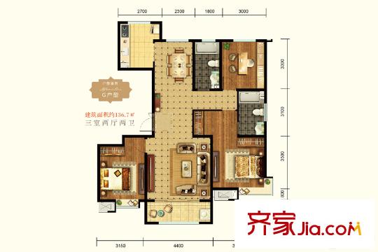 錦繡河山1-4#G戶型 3室2廳2衛(wèi)1廚