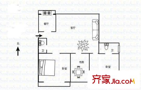 電機(jī)廠宿舍 3室 戶型圖