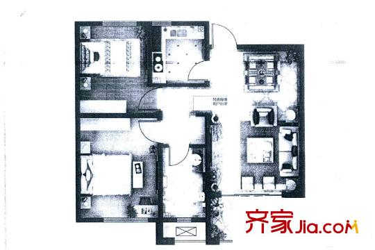 保利海上羅蘭213#標(biāo)準(zhǔn)層中間戶A2戶型 2室2廳1衛(wèi)1廚