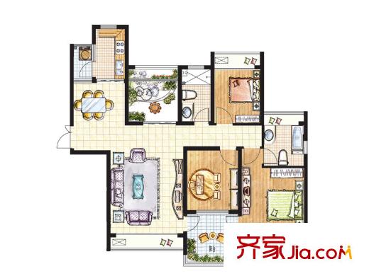奧潤馨海國際城二期16#-21#標準層宜海居戶型 3室2廳1衛(wèi)1廚