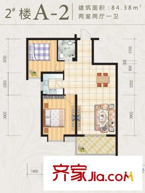 景都花苑戶型圖2#A-2戶型 2室2廳1衛(wèi)1廚
