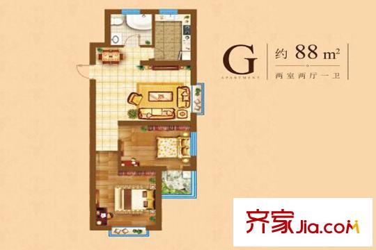 裕東新府9號樓G戶型 2室2廳1衛(wèi)