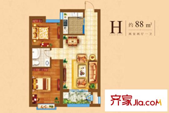 裕東新府9號樓H戶型 2室2廳1衛(wèi)1廚