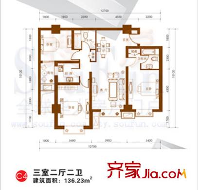 東岸未來城戶型圖3室2廳2衛(wèi)1廚