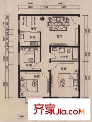 美域中央戶型圖南樓B戶型 3室2廳1衛(wèi)1廚