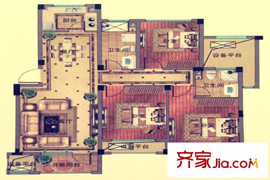 中航綠城理想城8#14#B2b戶型 3室2廳2衛(wèi)1廚