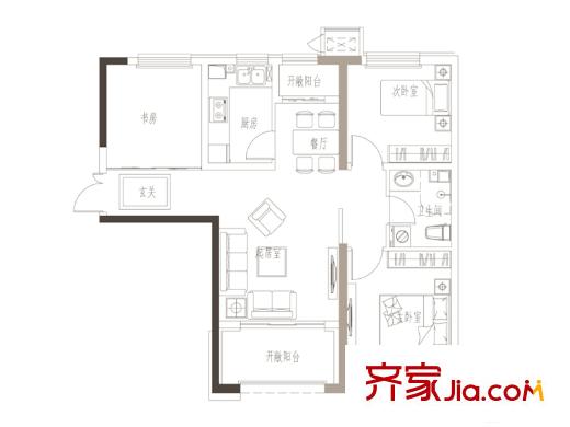K2?海棠灣一期高層12#、13#、31#、32#、51#C1戶(hù)型 3室2廳1衛(wèi)1廚