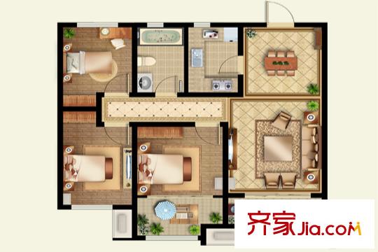 秀蘭禧悅都4號樓中間戶H戶型 3室2廳1衛(wèi)1廚