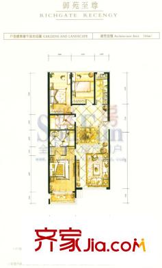 御苑1號戶型圖北美新天地御苑D戶型 3室1廳2衛(wèi)1廚