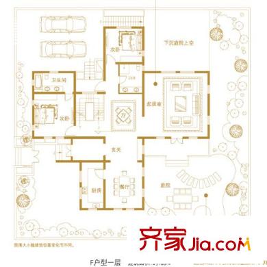 青建香根溫泉墅戶型圖1#F-戶型一層 2室2廳2衛(wèi)1廚