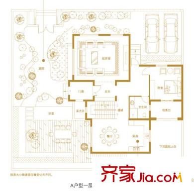 青建香根溫泉墅戶型圖13、21、35、60、63#A-戶型一層 1室2廳1衛(wèi)1廚