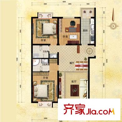 浦東雅典戶型圖A4戶型 3室2廳2衛(wèi)1廚