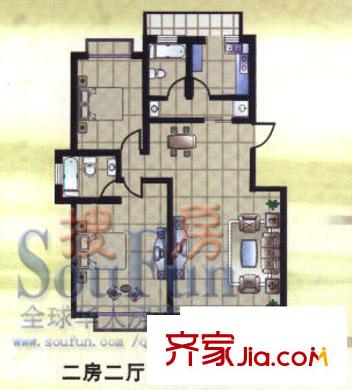 皇騏河濱華庭戶型圖3期戶型 2室2廳2衛(wèi)