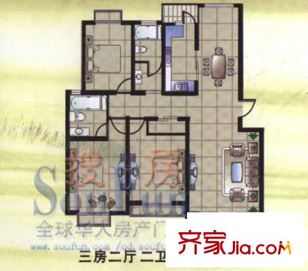 皇騏河濱華庭戶型圖3期戶型 3室2廳2衛(wèi)