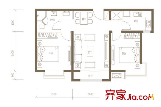 香悅瀾溪三期B戶型 2室2廳1衛(wèi)1廚