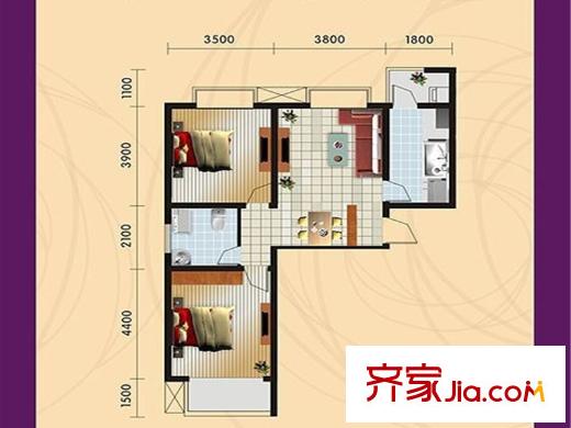 怡和?中馨城A戶型 2室2廳1衛(wèi)1廚