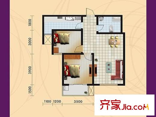 怡和?中馨城B戶型 2室2廳1衛(wèi)1廚