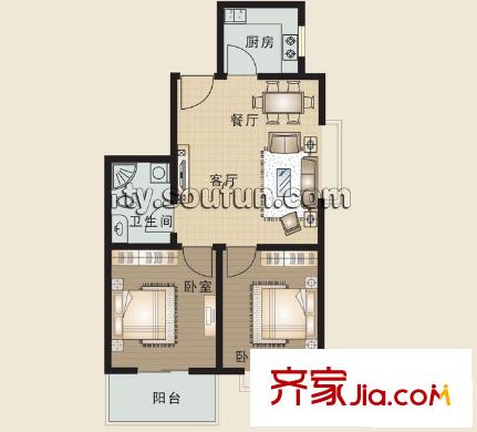 享堂新城戶型圖B 2室2廳1衛(wèi)1廚