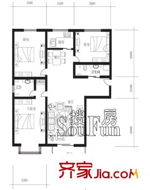 華浩水木云天A2戶型3室2廳2衛(wèi)132.6平方米 3室2廳2衛(wèi)1廚