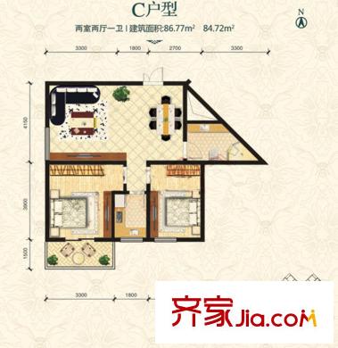 德祥六院C戶型 2室2廳1衛(wèi)1廚