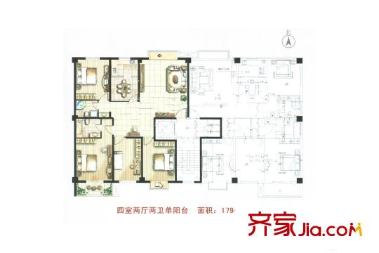 領(lǐng)寓B棟標(biāo)準(zhǔn)層179平米戶型 4室2廳2衛(wèi)1廚