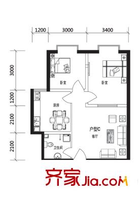 香榭麗庭03戶型 2室1廳1衛(wèi)1廚