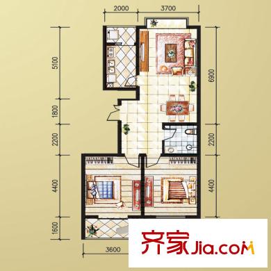 華天置地B戶型 2室2廳1衛(wèi)1廚