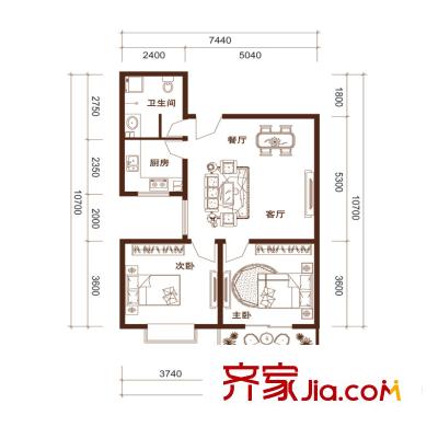 易城三期B戶型 2室2廳1衛(wèi)1廚