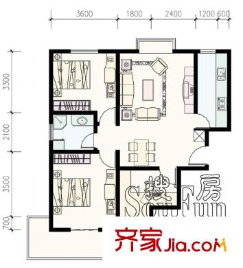 易城6-8#樓A戶型 3室2廳1衛(wèi)1廚