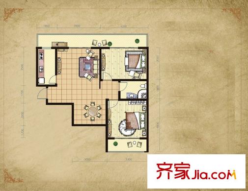 易居?山水豪庭項(xiàng)目E1戶型 2室2廳1衛(wèi)1廚