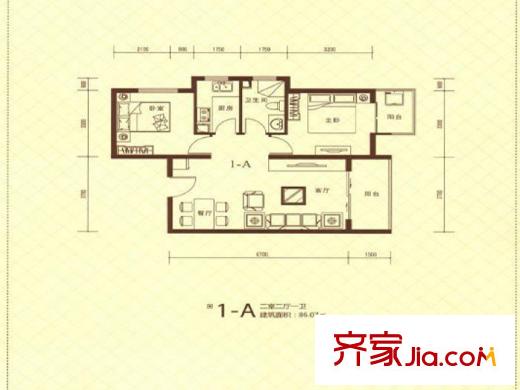 中環(huán)壹號(hào)一期1#樓標(biāo)準(zhǔn)層A1戶型 2室2廳1衛(wèi)1廚