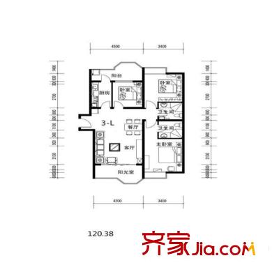 中環(huán)壹號(hào)一期1#樓標(biāo)準(zhǔn)層3L戶型 3室2廳2衛(wèi)1廚