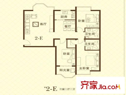 中環(huán)壹號(hào)一期2#樓標(biāo)準(zhǔn)層2E戶型 3室2廳2衛(wèi)1廚