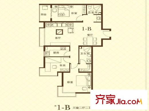 中環(huán)壹號一期1#樓標(biāo)準(zhǔn)層B1戶型 3室2廳2衛(wèi)1廚