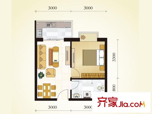 學(xué)府逸居A01戶型 1室1廳1衛(wèi)1廚