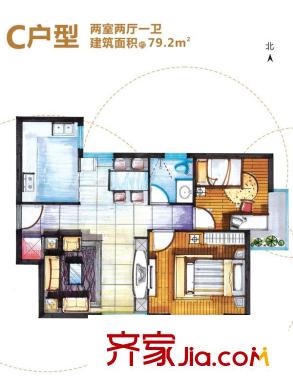 東城100（微笑城堡）二期戶型C 2室2廳1衛(wèi)1廚