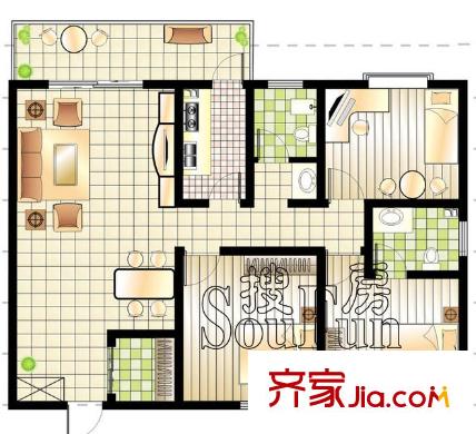 東城100（微笑城堡）F1戶型 3室2廳2衛(wèi)1廚