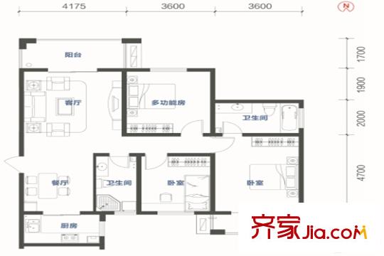 泛華林與湖129.79平米戶型 3室2廳2衛(wèi)1廚