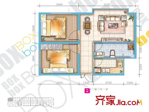 幸福BOXB戶型 2室2廳1衛(wèi)1廚