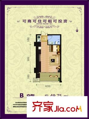 富平方米一號(hào)正B戶型圖 1室1廳1衛(wèi)