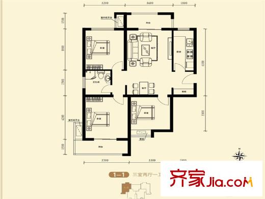 府東美奧花苑1-1戶型 3室2廳1衛(wèi)1廚