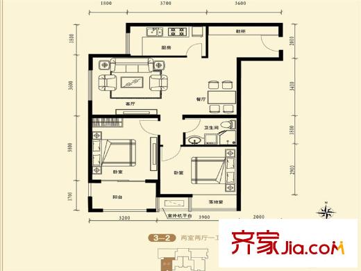 府東美奧花苑3-2戶型 2室2廳1衛(wèi)1廚