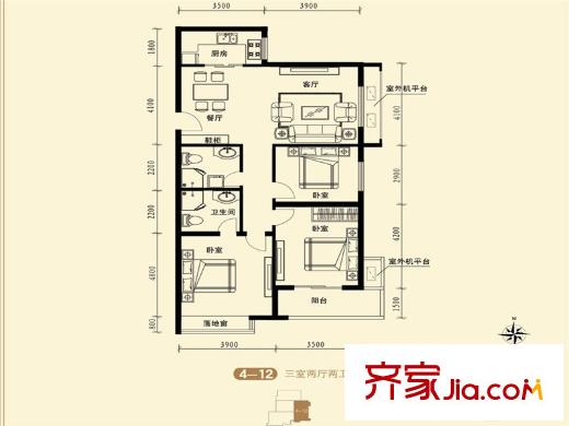 府東美奧花苑4-12戶型 3室2廳2衛(wèi)1廚