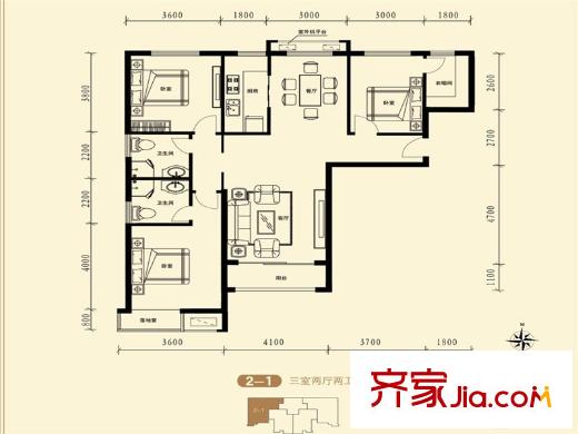府東美奧花苑2-1戶型 2室2廳1衛(wèi)1廚