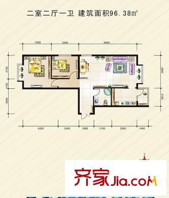 青城國際公寓1期1#F戶型 2室2廳1衛(wèi)1廚