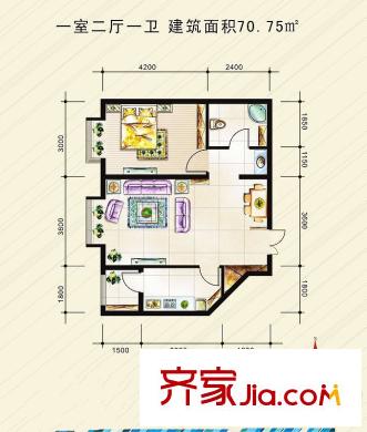 青城國際公寓1期1#E戶型 1室2廳2衛(wèi)1廚