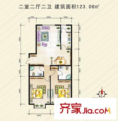 青城國際公寓1期1#A戶型 2室2廳2衛(wèi)1廚