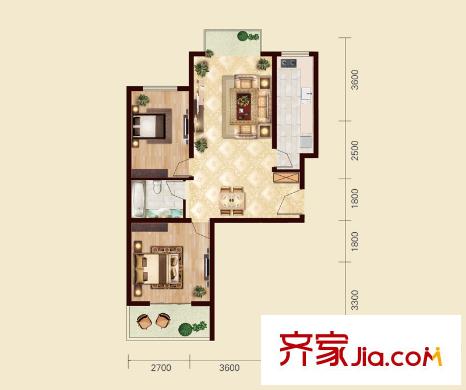 東方錦繡城1#樓F戶型 2室2廳1衛(wèi)1廚