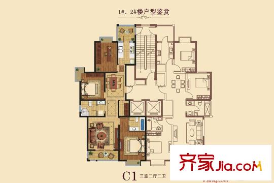 奧龍灣1#、2#樓C1戶型 3室2廳2衛(wèi)1廚