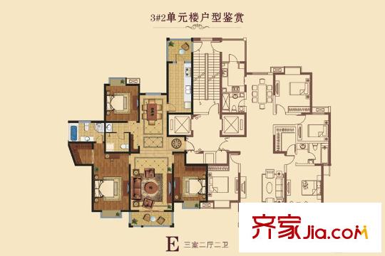 奧龍灣3#樓2單元E戶型 3室2廳2衛(wèi)1廚